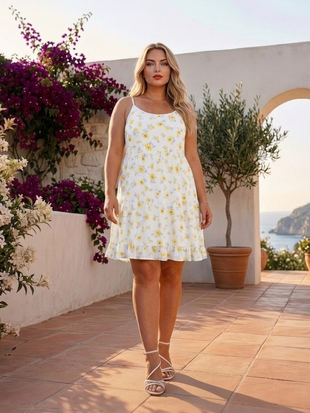 SO XL White Yellow Floral Knee Length Sun Dress